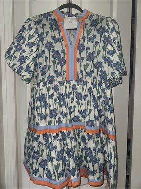 Floral Tiered Mini Dress in White with Blue & Orange Trim Entro from Chartreuse